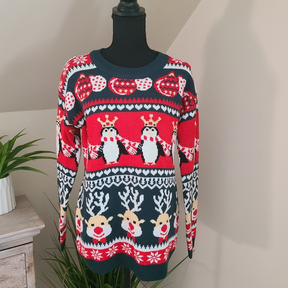 🐧Penguin & Reindeer "Ugly Sweater" Holiday Sweater Size Medium